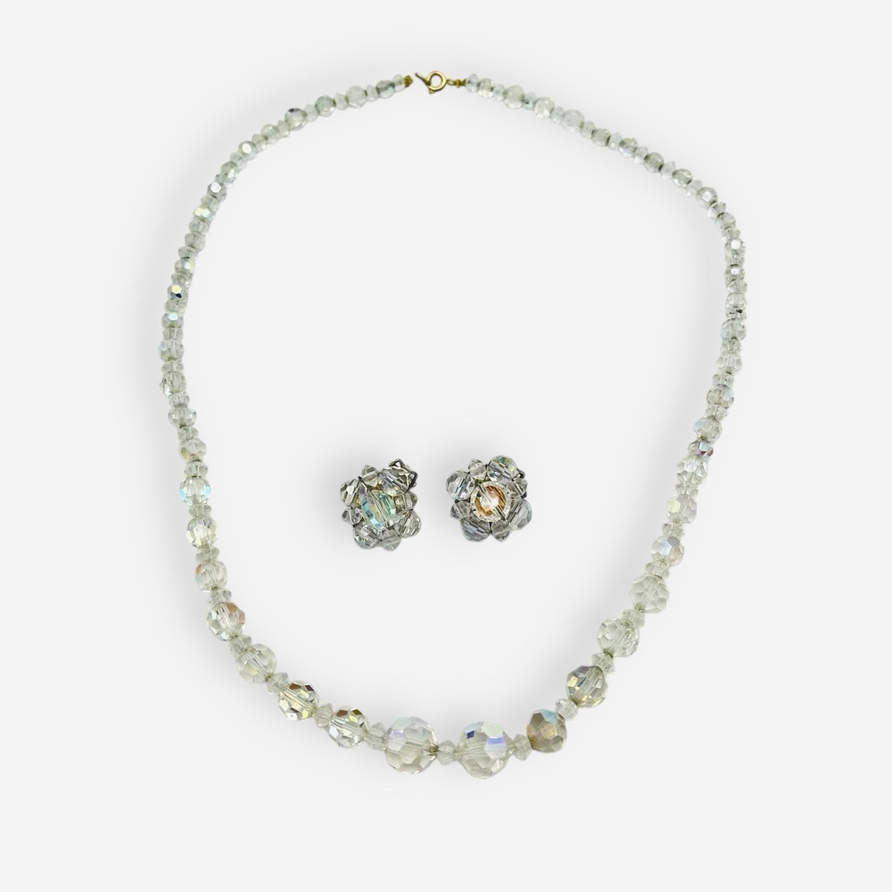 Vintage Faceted Crystal Aurora Borealis 23" Beaded‎ Necklace Clip Earrings Set